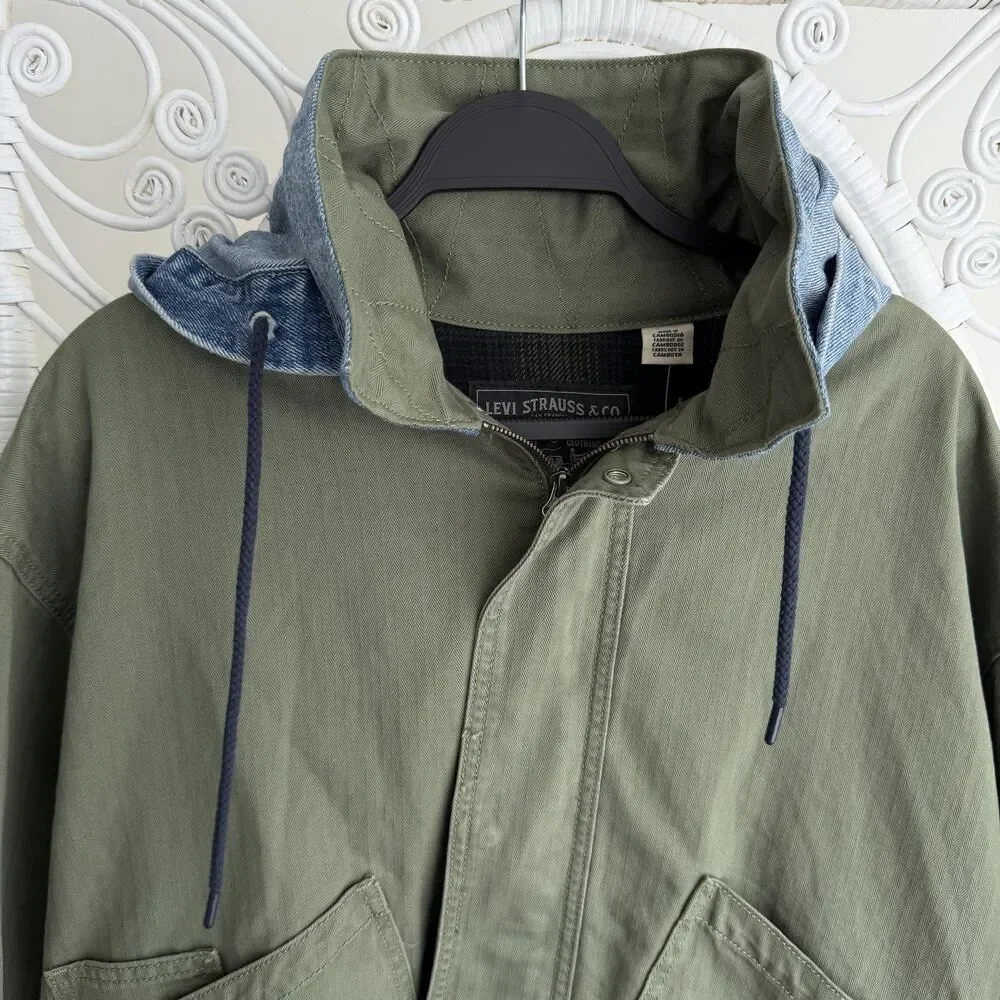 Levi's Premium‎ Jacket Mens XL Green Hooded Work Pocket Canvas Military Utility